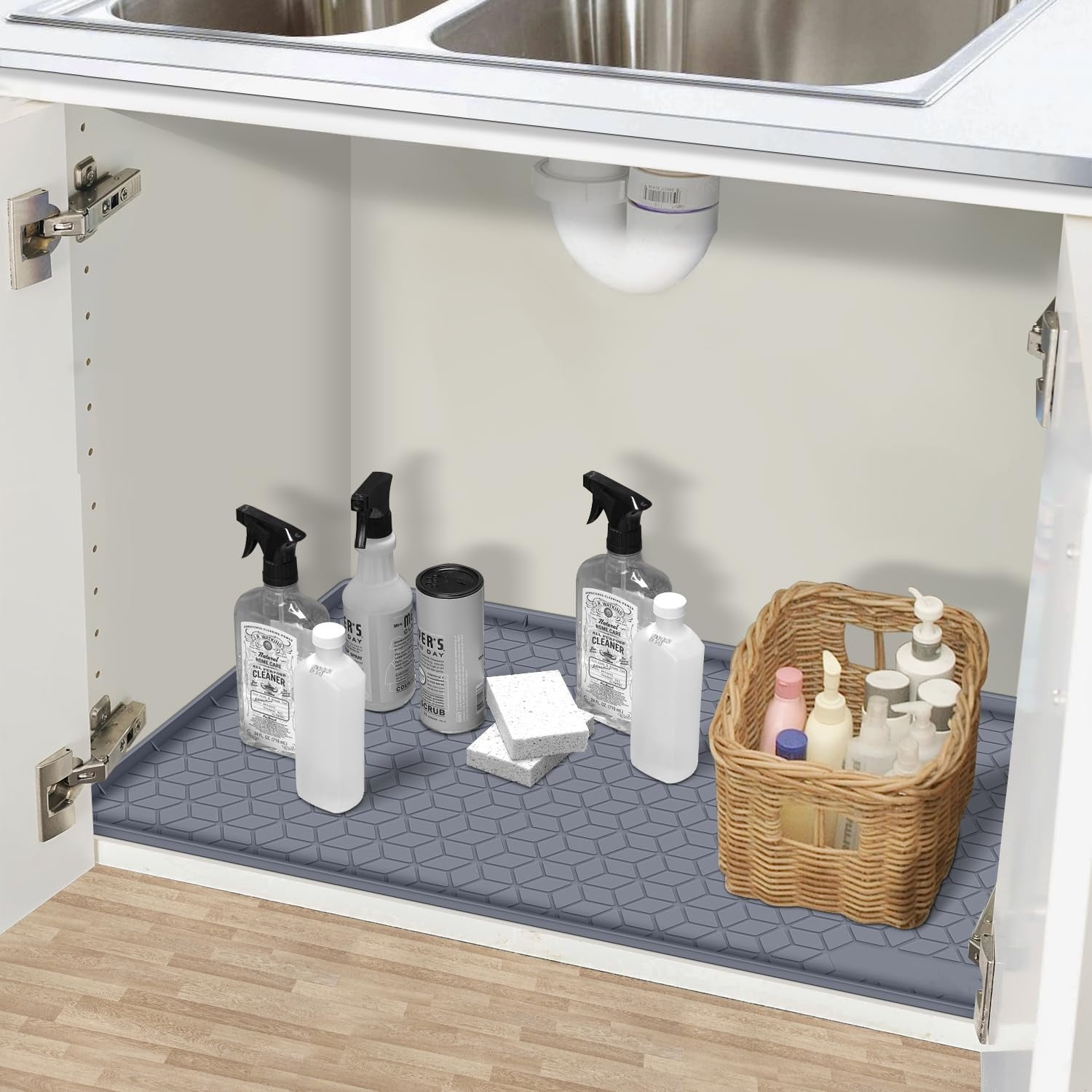 Under Sink Mat, 34" x 22" Waterproof Silicone Under Sink Tray for Kitchen & Laundry Cabinets, Kitchen Cabinet Shelf Protector, Up to 3.3 Gallons Liquid, Fits 36 inch Standard Cabinet (Grey)