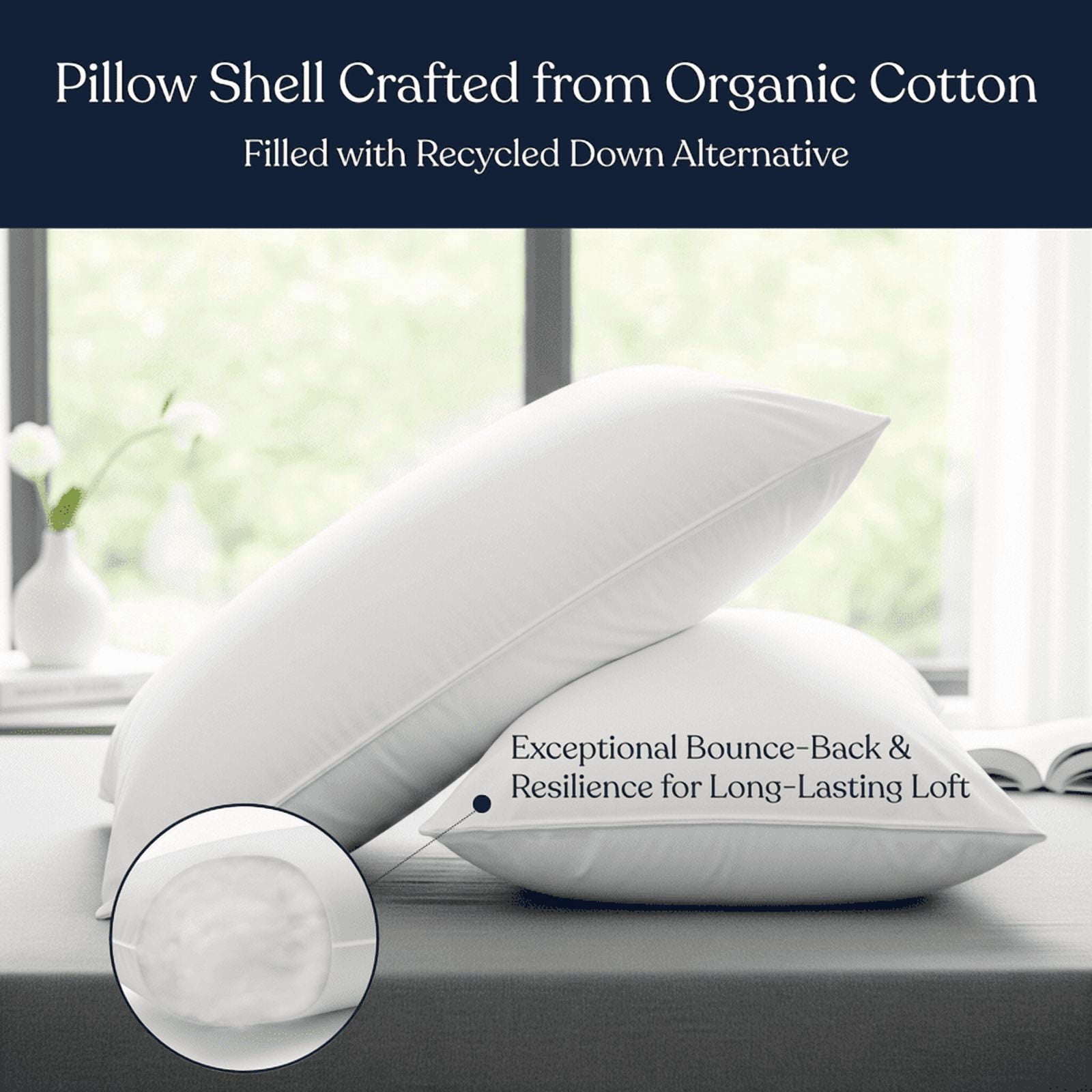 Delara Bed Pillows Set of 2 GOTS Certified Organic Cotton Sateen Shell, Down Alternative Fill, Hypoallergenic, Cooling & Breathable, Triple Certified GOTS + OEKO-TEX + GRS, Eco-Friendly, King 20"x36"