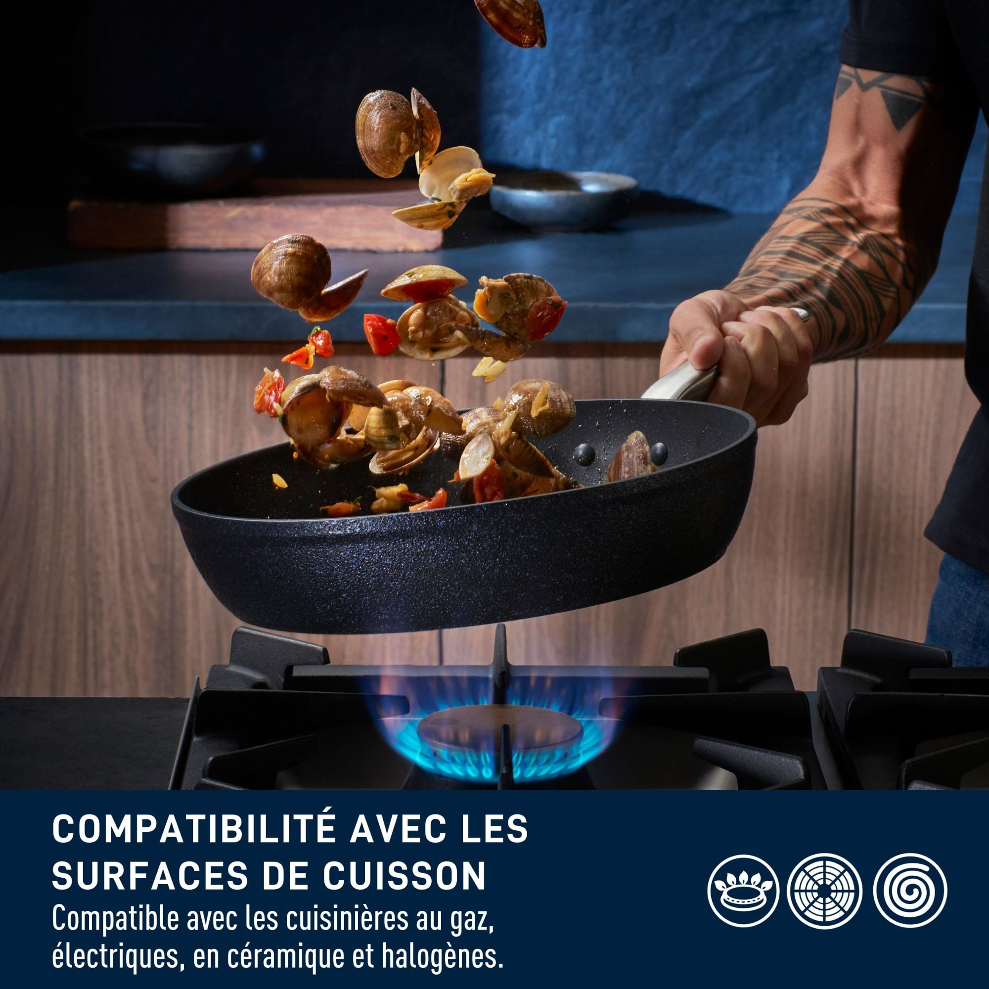 T-fal Stone Shield 10-piece Cookware set with DefenseShield™ Technology, 6-multilayer construction, robust stone texture, dishwasher and oven-safe