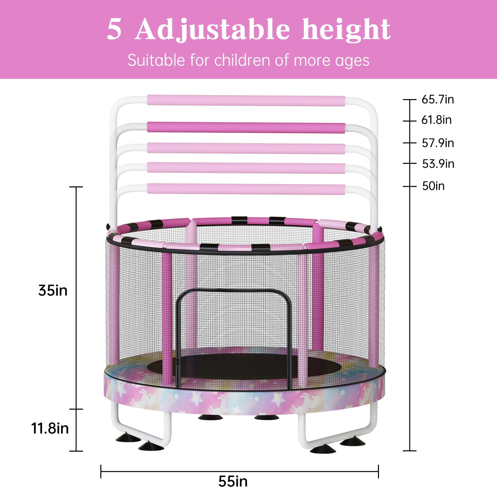 Baxluxe 55" Kids Trampoline with Safety Net, 7-in-1 Adjustable Height Design, 500lbs Weight Capacity for Indoor & Outdoor Use, Fun Mini Trampoline for Children Ages 3-8 Years Old, Rainbow