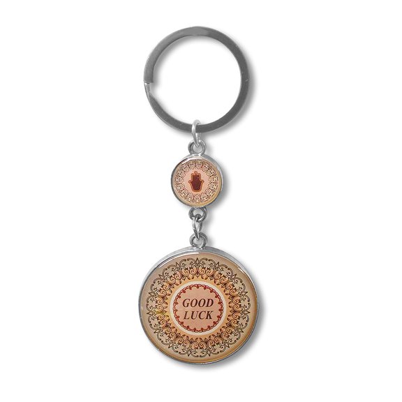 Hamsa Good Luck Keychain with Traveler's Prayer, Brown Silver-Tone, 1.5"