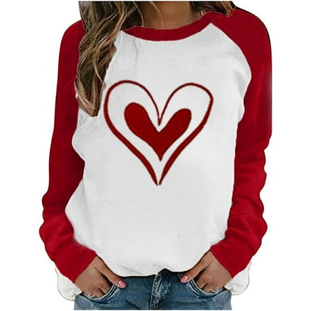 

Womens Long Sleeves Blouse Valentine s Day Fashion Love Printing Patchwork Sleeve Pullover Casual Loose Round Neck Ladies Tunics Sweatshirt Top