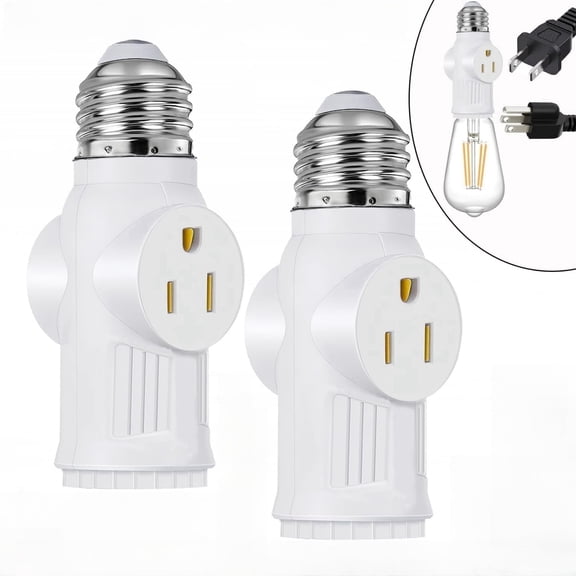 SHUWND 2 PACKS E26 Light Socket to Plug Adapter, Heat-Resistant 2/3 Prong Light Socket Outlet Light Socket Adapter for Garage Porch, White