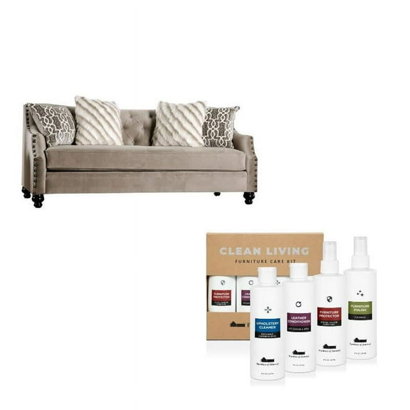 Furniture of America Felicity Sofa in Light Brown with Cleaning Care Set of 2
