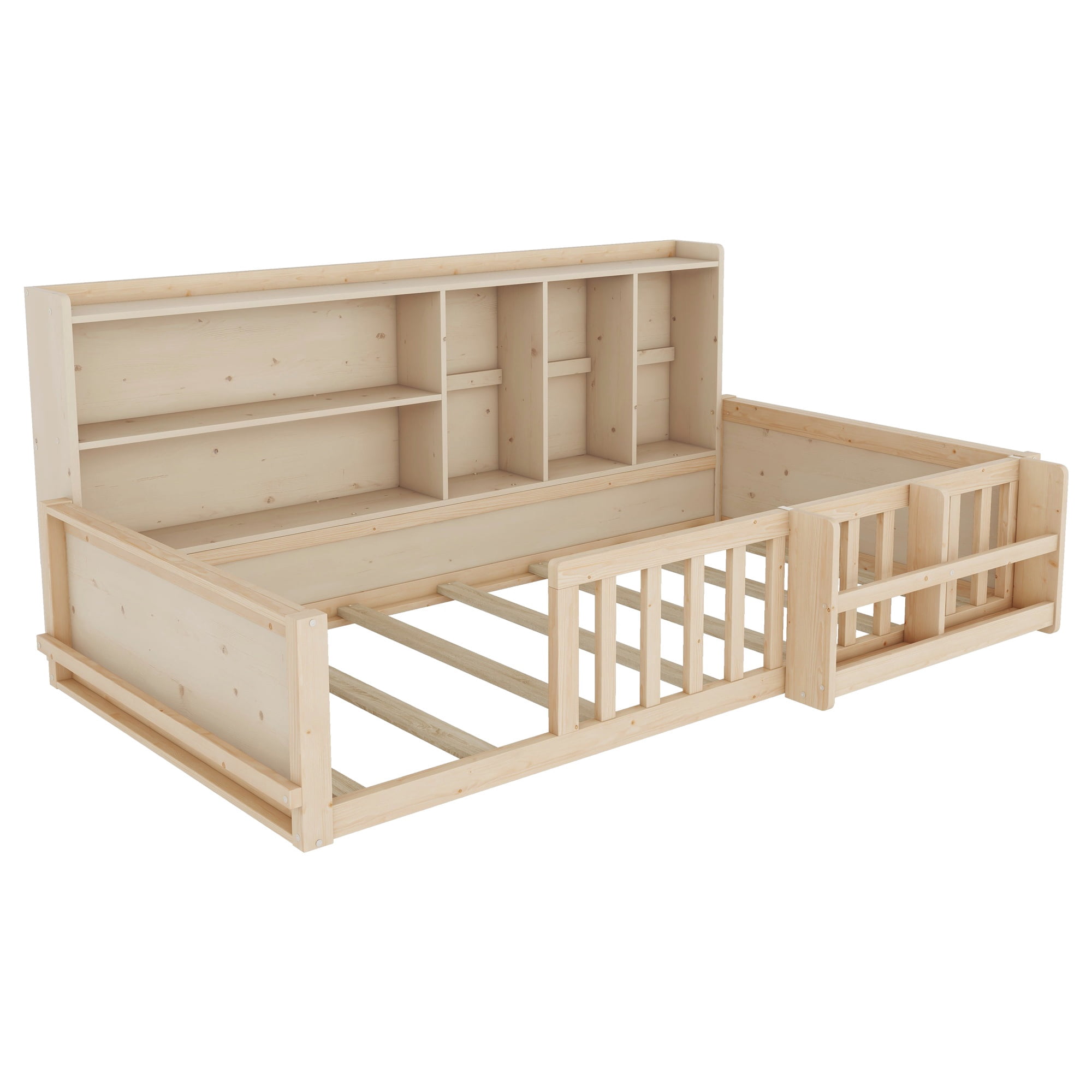 Mintazer Twin Size Montessori Floor Bed with Bookshelf & Guardrails, Kids Platform Bed Frame with Storage Cubbies for Bedroom, Natural