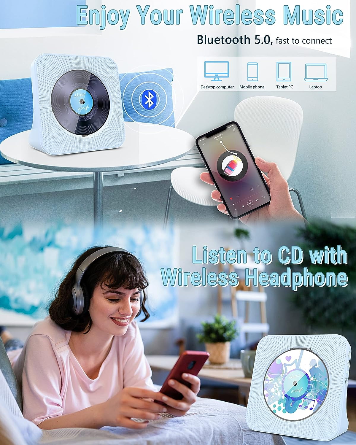 CD Player Portable Bluetooth Desktop 4000mAh Rechargeable CD Player with Remote Control for Home CD Player with Timer HiFi Speakers Dust Cover LCD Screen Display FM Radio-Blue