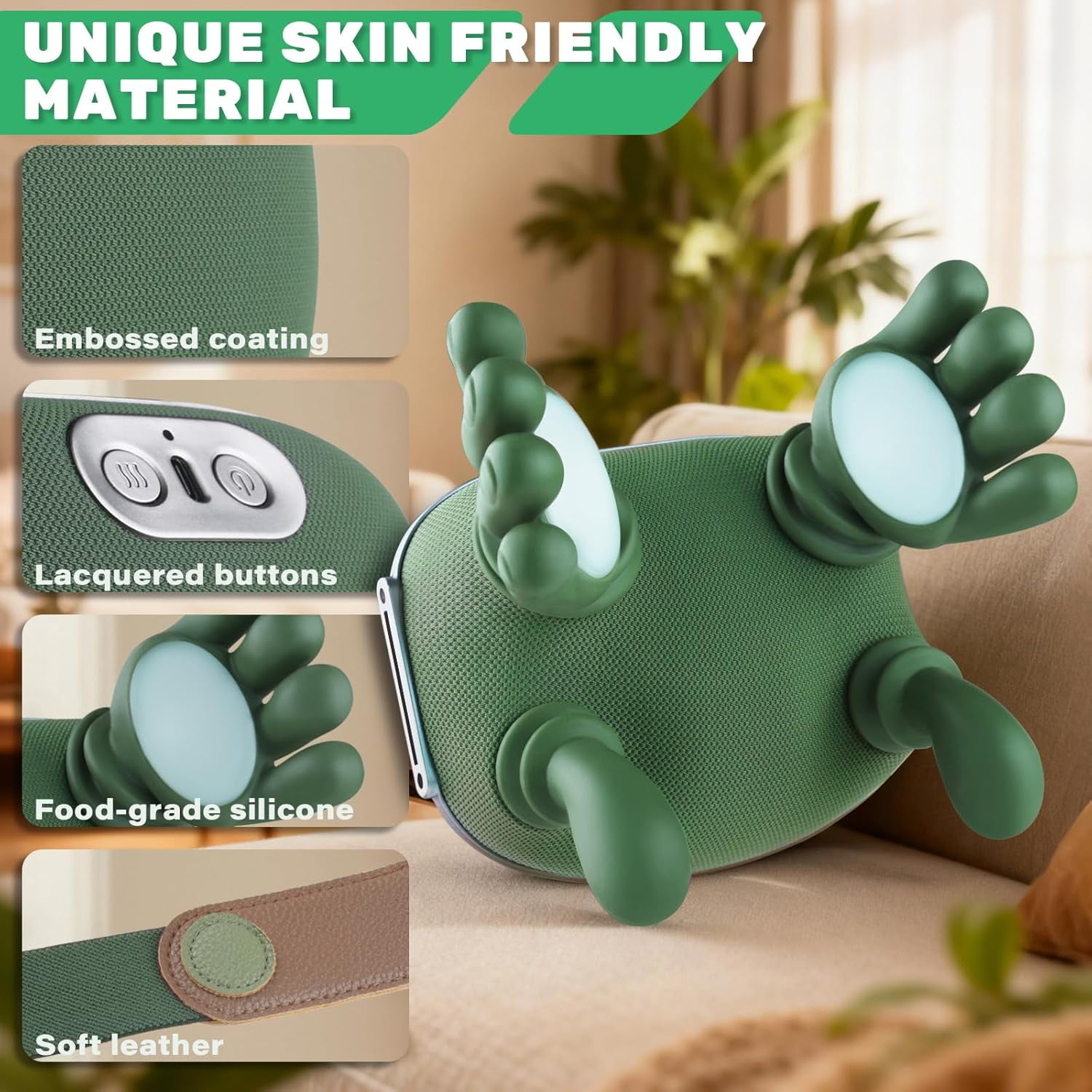 Bionic Heated Massager, Portable Shiatsu Neck and Back Massager, Electric Deep Tissue 4D Kneading Massage, Simulated Human Hand Design for Pain Relief and Muscle Relax (Green)