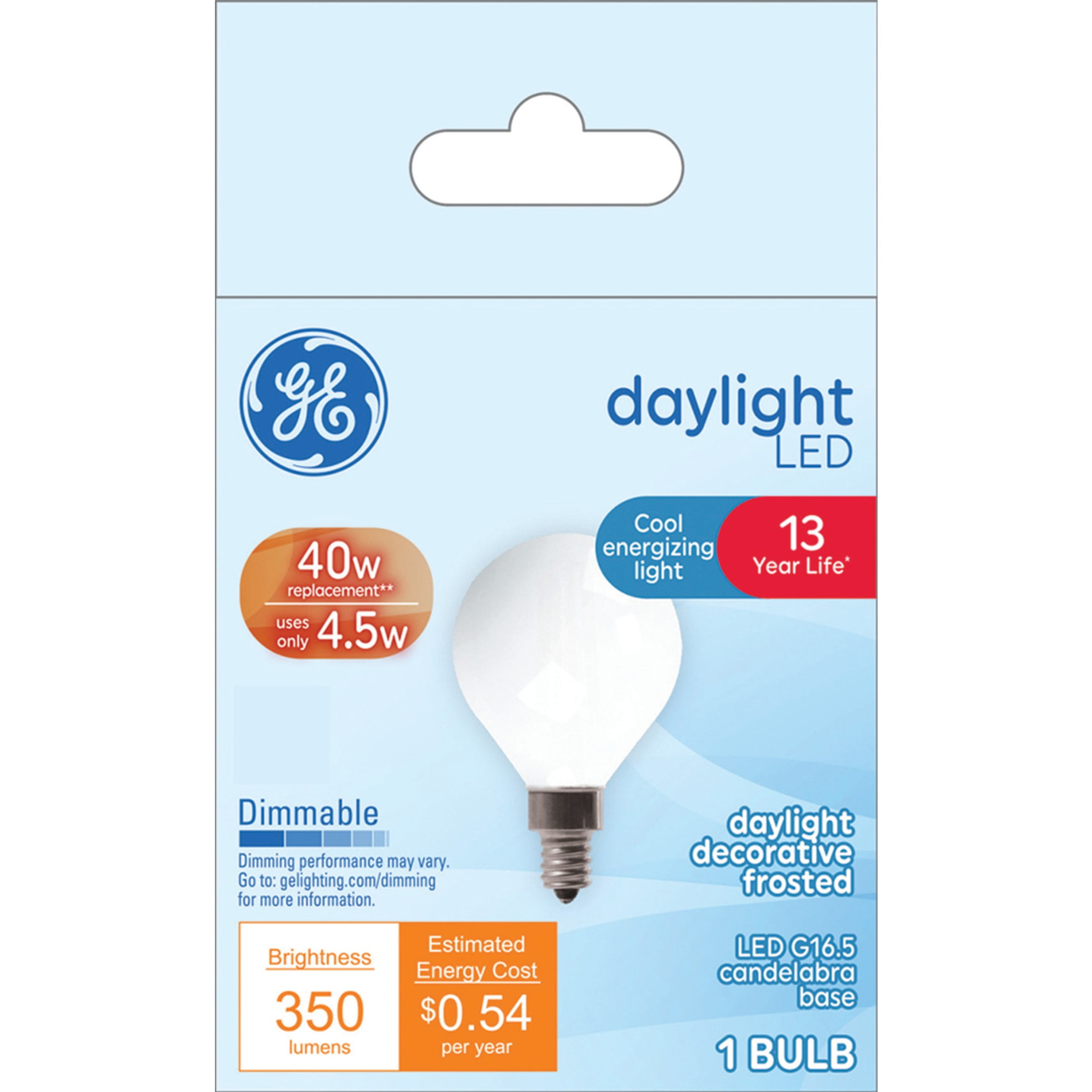 (3 pack) GE LED Light Bulb, 40 Watt, Daylight, G16.5 Globe Bulb, Small Base, 13yr