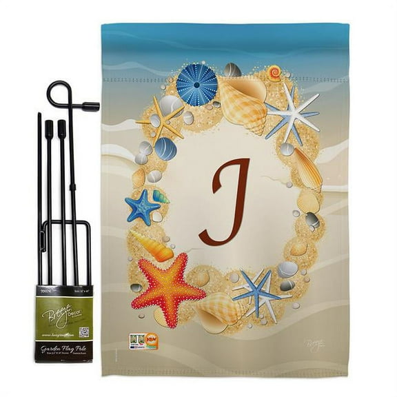 Breeze Decor BD-BN-GS-130166-IP-BO-D-US14-BD 13 x 18.5 in. Summer J Initial Coastal Beach Impressions Decorative Vertical Double Sided Garden Flag Set with Banner Pole