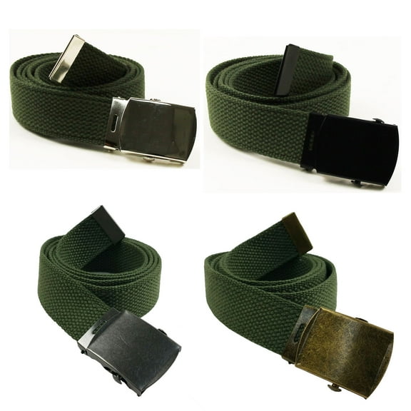 4 Army Green Canvas Belt up to 48" Waist Military Army Style with Silver Black Bunished Silver & Burnished Gold Buckle & Tip (Olive)