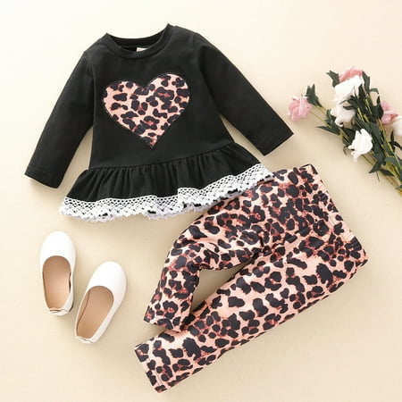 

CHGBMOK Clearance Toddler Baby Girls Leopard Heart Lace Ruffles T Shirt Tops+Leopard Pants Outfits
