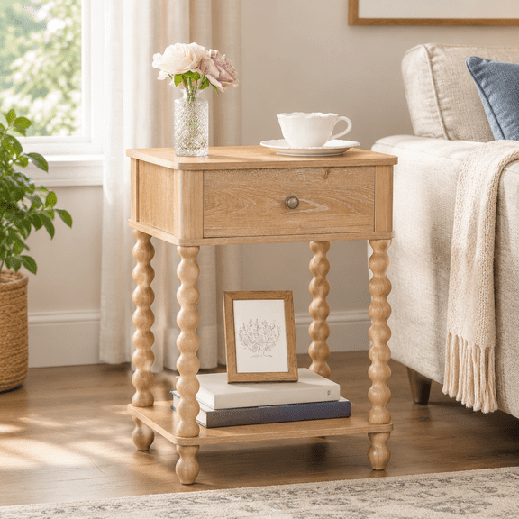 Night Stand, Wood End Table with Drawer for Living Room, Small Bedside Side Table with Spindle Wood Legs for Bedroom, Office, Rustic Walnut