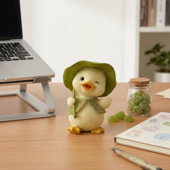 Resin Cute Figurine Desktop Decoration Wearing Green Hat and Scarf, Winking Expression, 2.56 in Tall, 1 Count, for Desk Shelf Decor