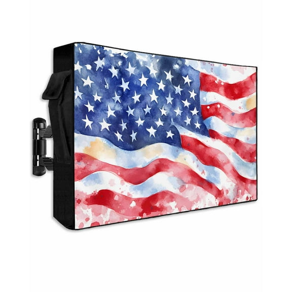 American Flag Outdoor TV Cover 60 to 65 Inch Weatherproof, Watercolor Farmhouse USA Flag 600D Oxford TV Covers with Waterproof Zipper, Outside Flat TV Screen Protector Size 58"W x 37"H x 4.5"D