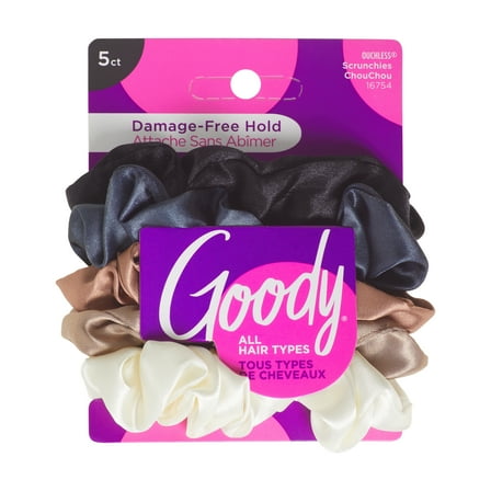 Goody Ouchless Satin Scrunchies, For All Hair Types, Neutral Assortment, 5 Ct