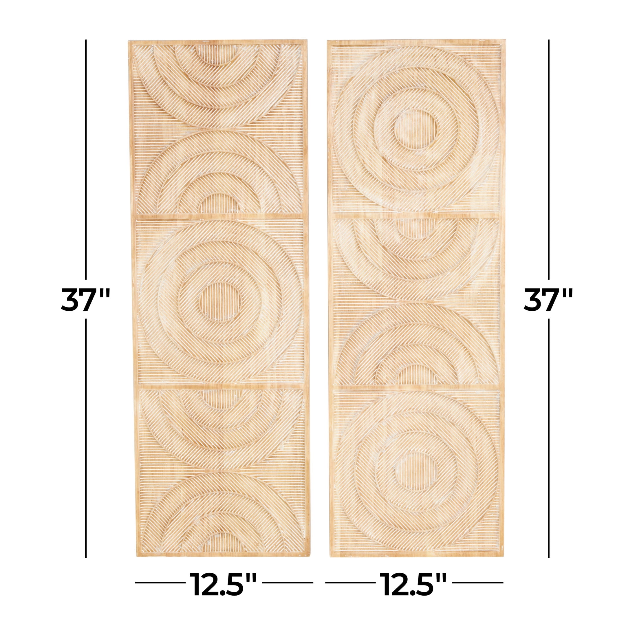 DecMode Light Brown Wood Carved Panel Arch Geometric Wall Decor with White Linear Markings (2 Count)