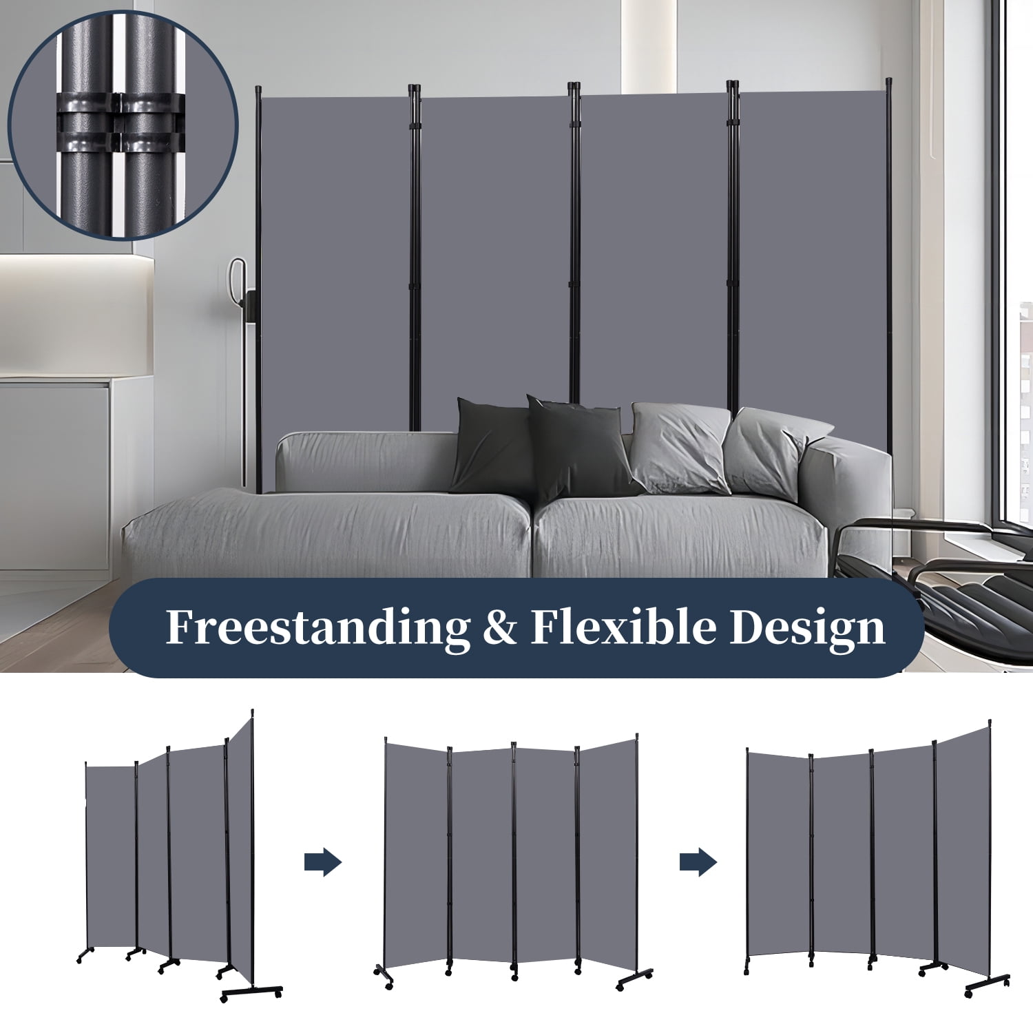 JVVMNJLK Room Divider & Privacy Screen, Polyster Gray, 88", 4 Count