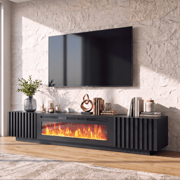 Jableast 94.5" Fireplace TV Stand for TVs up to 100", Modern Entertainment Center with 50" Electric Fireplace & LED Lights, Black