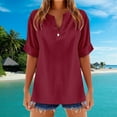 thumbnail image 2 of MIXUE Womens Summer Tops Linen Solid Color V Neck Short Sleeve Stylish Comfortable Casual T-shirts Sportwear,Red,L, 2 of 4