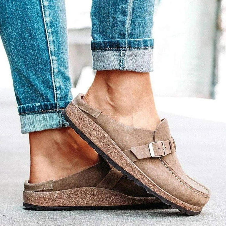 Feixiang Women s Shoes Durable Flat Slip On Backless Suede Clogs Brown 7