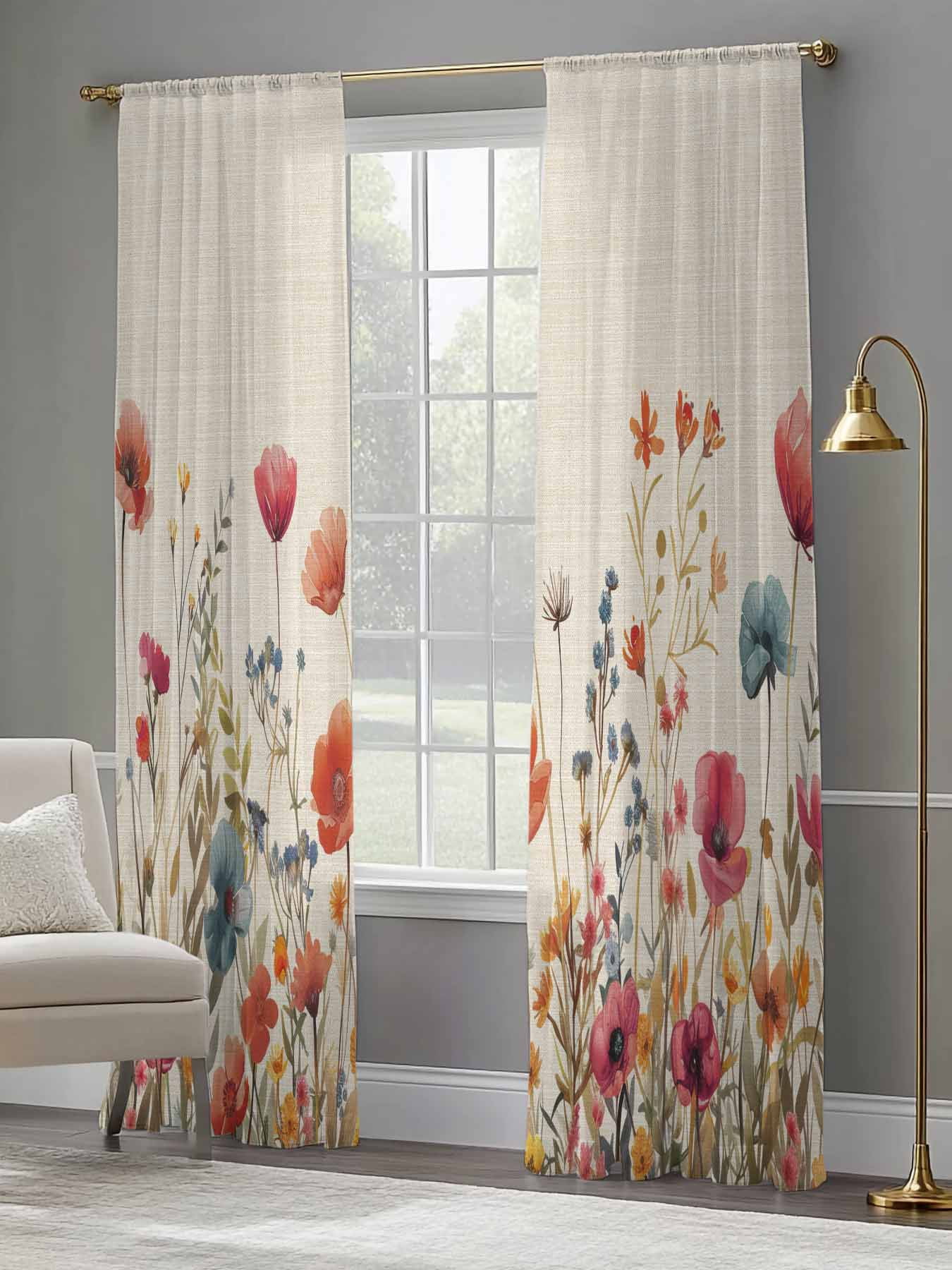 Red Flowers Sheer Curtains 96 Inches Long 2 Panels Plants Watercolor Floral Retro Linen Light Filtering Semi Sheer Window Curtains Drapes for Bedroom Living Room 52"x96"x2