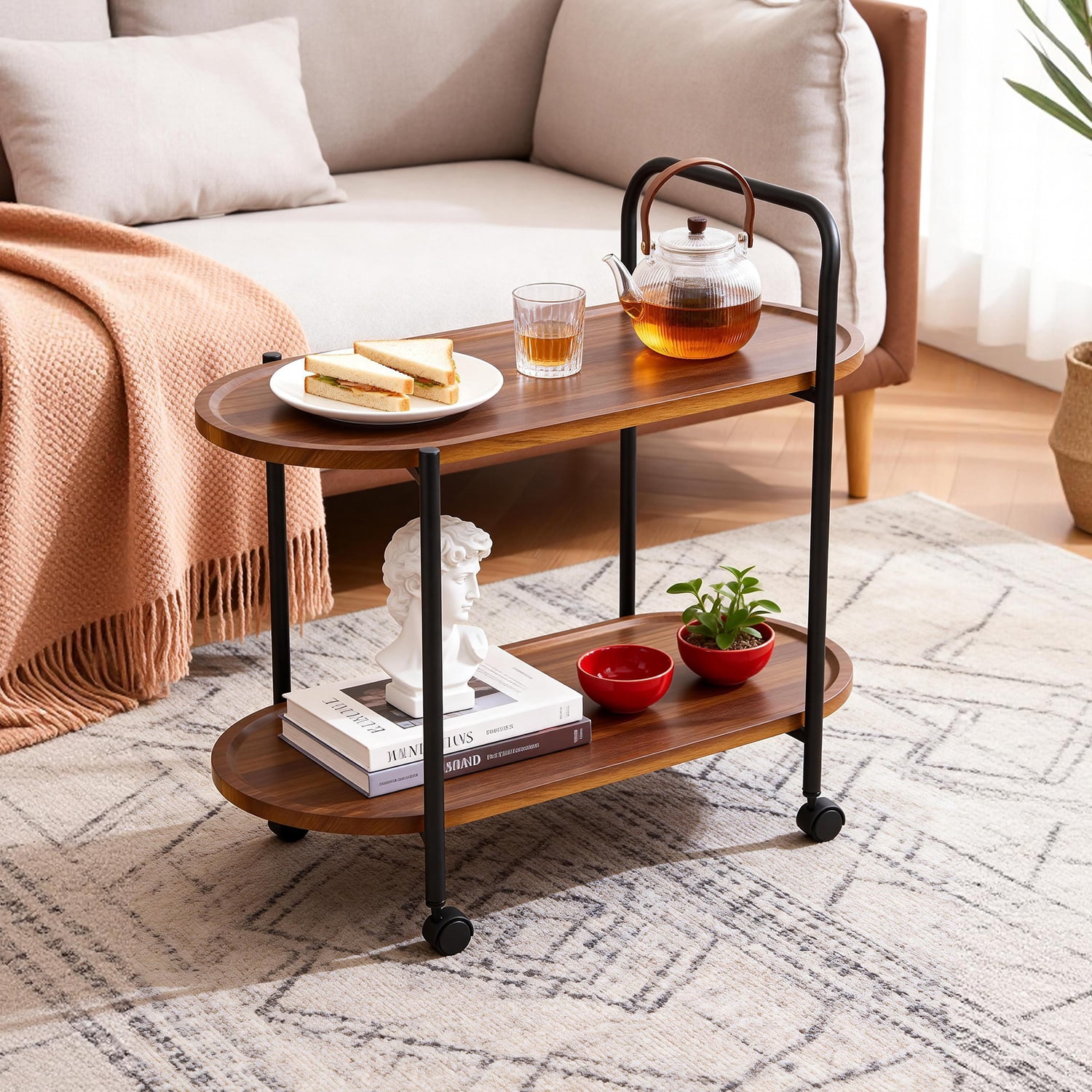 2-Tier Side Table with Wheels, Wood End Table for Small Spaces, Living Room, Bedroom, Kitchen, Rustic Brown