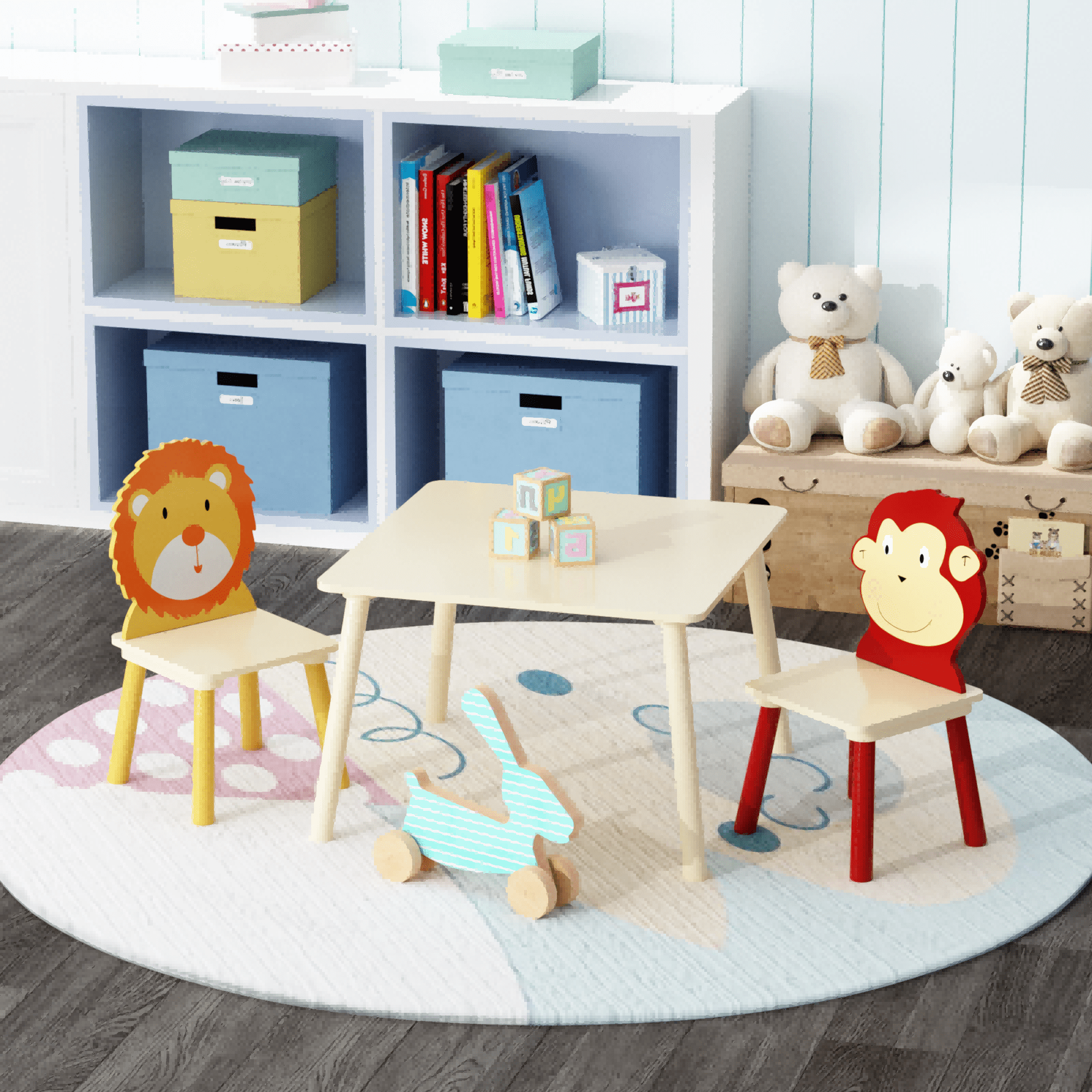 Kids Table and 2 Chairs Set, Wood Children Activity Table, Animals Chairs for Reading, Drawing, Kids Tables for Daycare, Kindergarten, Home
