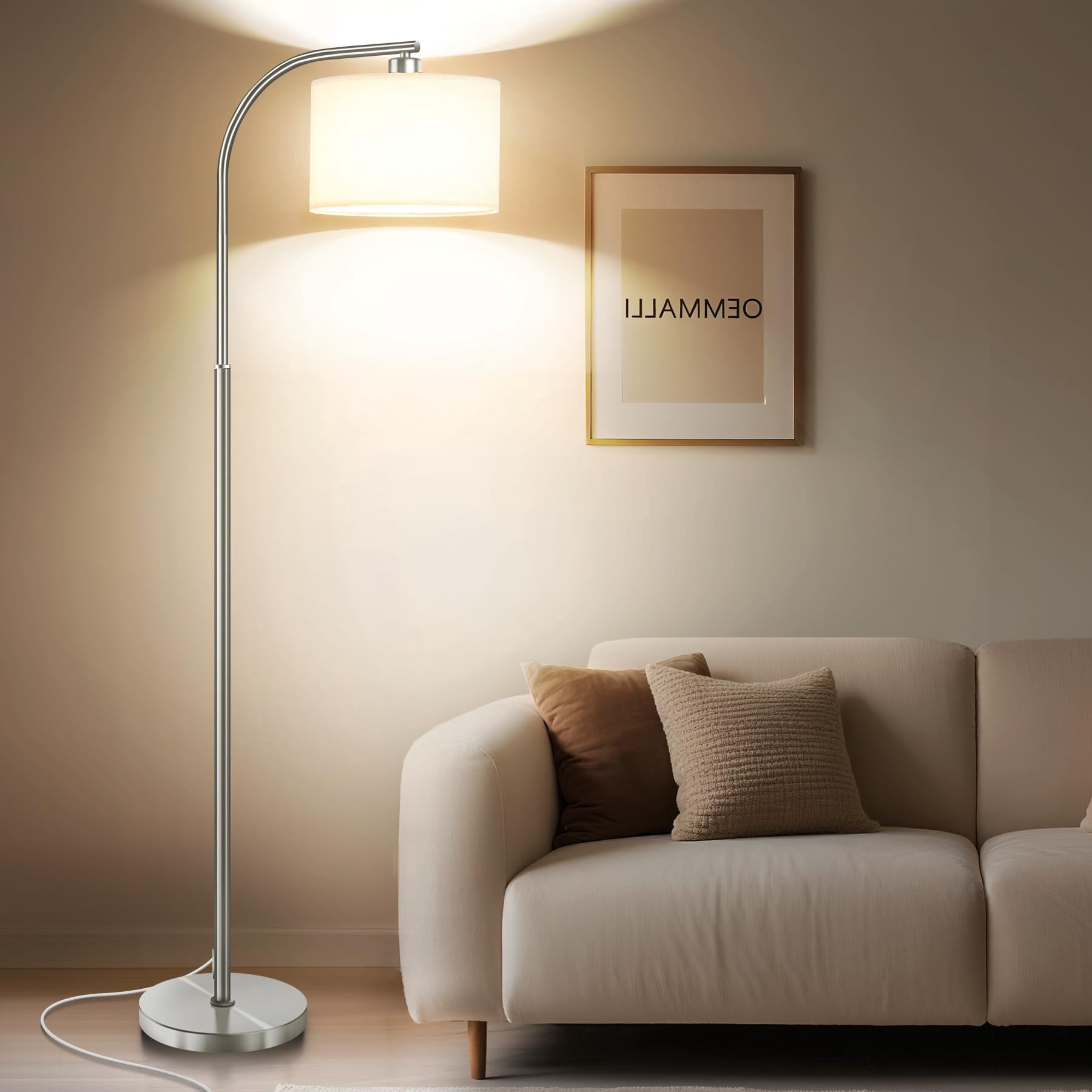 Floor Lamp For Living Room 65'' Modern Standing Lamps With 9w Led Bulb Tall Light Fabric Shade 3 Color Temperatures Bedroom Office Study Corner Dining