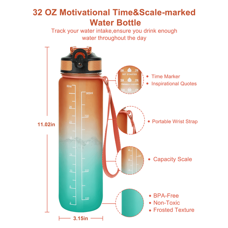 LEADO 32oz Motivational Water Bottle with Hourly Time Tracker - Tritan  Plastic BPA Free - Workout Sports Fitness Hours Marked Bottle with Flip Top  Lid - Drink M…