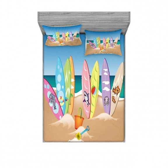 Ambesonne Ocean Fitted Sheet & Pillow Sham Set, Beach the Skyd the Sea, Full, Multicolor