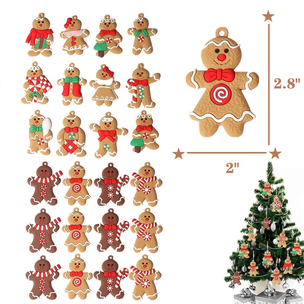 24 Pieces Christmas Tree Decorations Assorted Gingerbread Decorations Gingerbread Man Ornaments Xmas Hanging Ornament with Santa Claus Snowflake for Christmas Tree Home and Party Decor