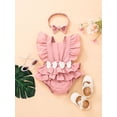 thumbnail image 2 of TSEXIEFOOFU Baby Summer Jumpsuit Outfit Solid Color Ruffled Toddler Girl Sleeveless Casual Rompers and Bow Headband, 2 of 6