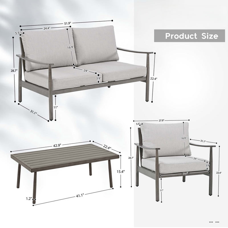4-Piece Aluminum Patio Furniture Set, Rustproof Outdoor Conversation Set with Loveseat, Armchairs and Coffee Table