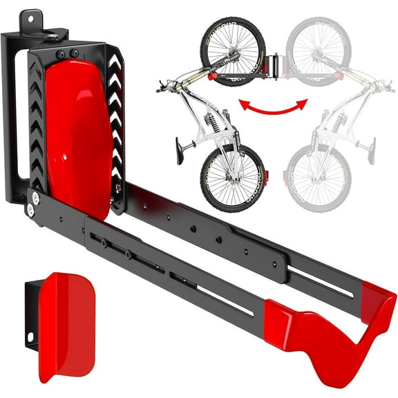 Swivel Bike Rack Wall Mount, Bike Hangers for Garage, Space-Saving Vertical Bike Holder, Holds up to 77 lbs, Bicycle Wall Hanger Storage, No Heavy Lifting Required Indoor Hanging Bike Rack-Red