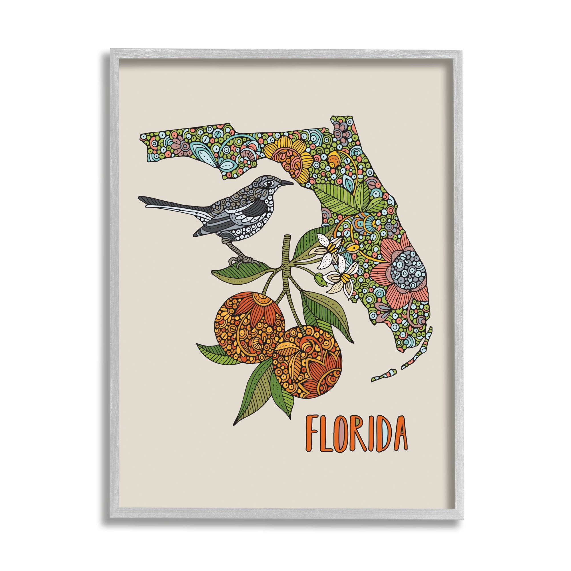 Stupell Industries Florida State Mockingbird Detailed Orange Blossom Pattern Graphic Art Gray Framed Art Print Wall Art, Design by Valentina Harper