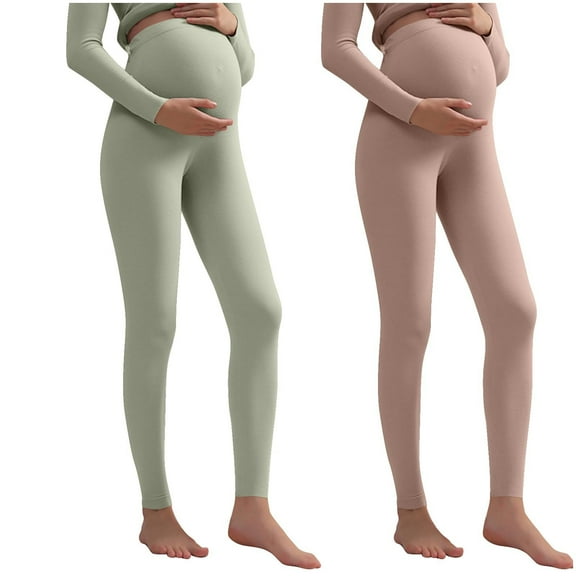 Riecok 2PC Maternity Leggings Elastic Waist Stretchy Pregnancy Pants Solid Support Belly Activewear Warm Leggings