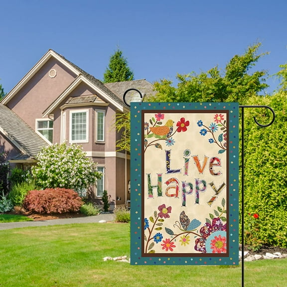 DMERBYL Live Happy Decorative Garden Flag Flower Bird, Spring Summer Inspirational Quote House Yard Outdoor Butterfly Floral Decor Double Sided, Fall Positive Farmhouse Outside Decoration 12 x 18