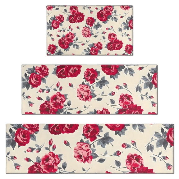 Pioneer Flower Floral Print Pattern Kitchen Rugs Sets Of 3,Kitchen Runner Rugs Non Skid Washable,Decorative Kitchen Floor Mats for Kitchen,Sink,Laundry,17"x30" 17"x47" 17"x59"
