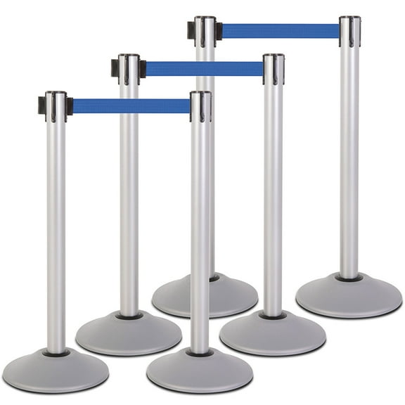 US Weight Heavy Duty Premium Steel Stanchion with 7.5-Foot Retractable Blue Belt (pack of 6)