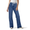 thumbnail image 4 of Soft Stretch Wide Leg Denim Trousers for Women Mid Rise Drawstring Tie Waist Relaxed Full Length Jeans, 4 of 6