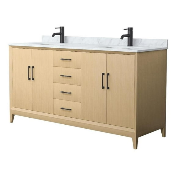 Janna 66" White Oak Double Vanity & White Carrara Marble Top & Black Trim