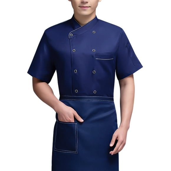 Uniforme de chef Delantal de cocina de manga corta Trajes de doble botonadura Camisas de costura cómodas para hombres Estilo simple para cafetería Azul L sidaley LF000329-14