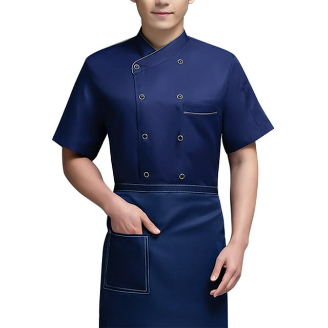 Uniforme de Chef, delantal de cocina de manga corta, trajes de doble botonadura, camisas de costura cómodas para hombres, estilo Simple para cafetería, azul 3XL Scienceny LF000329-17