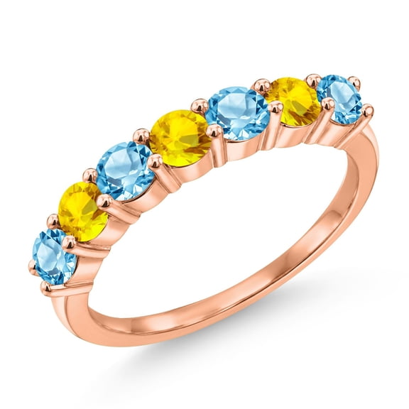 Gem Stone King 18K Rose Gold Plated Silver Round Swiss Blue Topaz Yellow Sapphire Anniversary Ring for Women (1.28 Cttw, Gemstone Birthstone, Size 7) (Size 7)