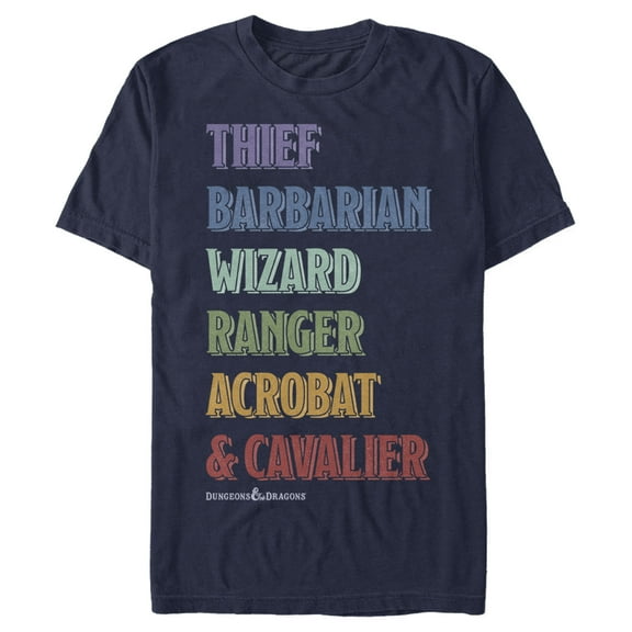 Men's Dungeons & Dragons Class Name Rainbow Cartoon  Graphic Tee Navy Blue X Large