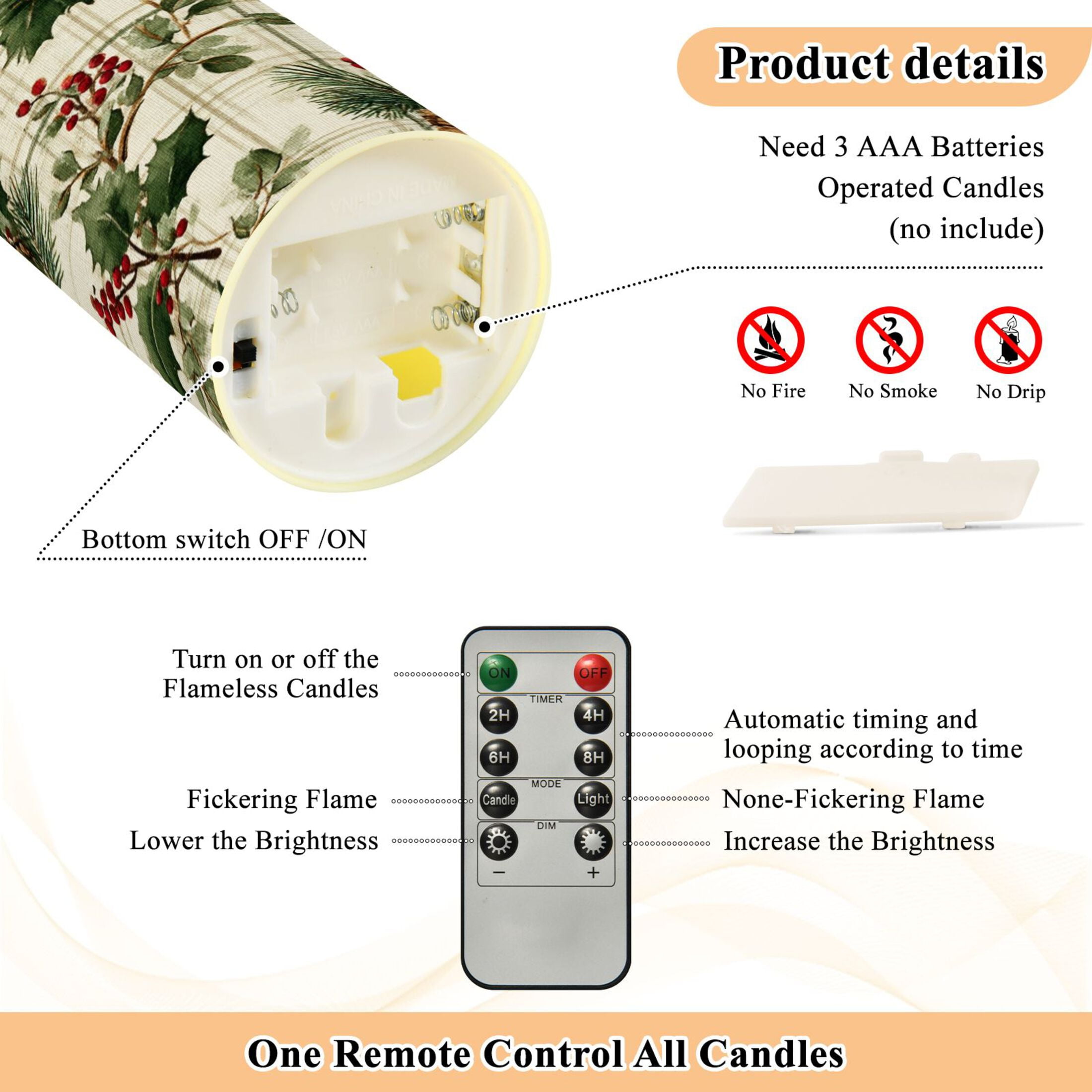 2 PCS Tilted Flameless Candles Flickering LED Lights Battery Operated Candles with Remote Timers for Holiday Decor Pine Boughs and Holly Pattern