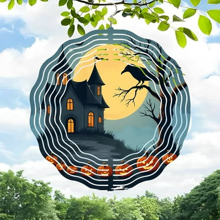 3D Metal Hanging Wind Chimes – Halloween-Themed Wind Spinners with Gothic House Full Moon & Crow Design for Yard and Garden Decor 3D Metal Hanging Wind Chimes – Halloween-Themed Wind Spinners with Gothic House Full Moon & Crow Design for Yard and Garden Decor