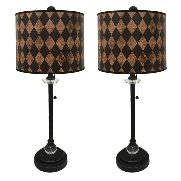 Royal Designs 28" Crystal and Oil Rub Bronze Buffet Lamp with Vertical Black Diamond on Papyrus Design Hard Back Lamp Shade, Set of 2