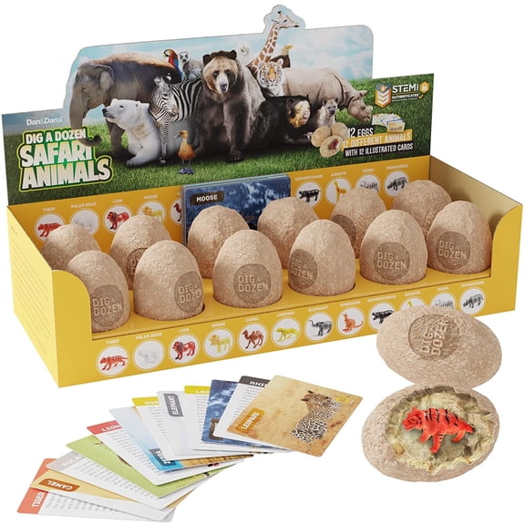 Dan&Darci Dig a Dozen Egg Kit - Break Open 12 Eggs and Discover 12 Unique Cute Wild Safari Animals, with Learning Cards - Easter Archaeology Science STEM Gift for Kids