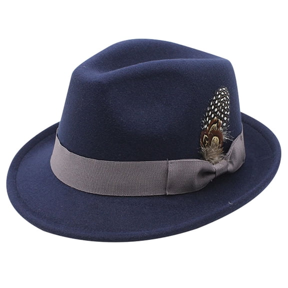 AJGRHE Short Brim Fedora Hats for Men & Women Felt Dress Panama Trilby Hats with Feathers Band Navy M